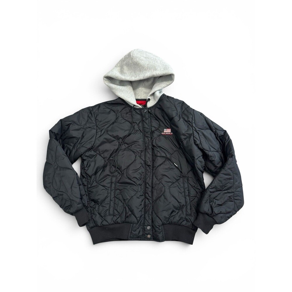 Vintage Polo Jeans Ralph Lauren Quilted Hooded Bomber Jacket Flag Men's L Black